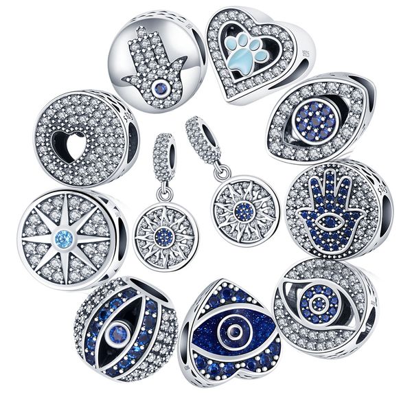 Echtes 925er-Sterlingsilber, passend für Pandora-Armbänder, Anhänger, Herzausschnitt, Zirkon, Teufelsauge, Zubehör, Perlen, Liebesherz, blaues Crysta-Charm für DIY-Perlen-Charms