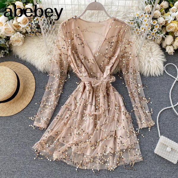 

design mesh short dress women v neck long sleeve lace up a-line dresses autumn korean fashion sequins party casual, Black;gray