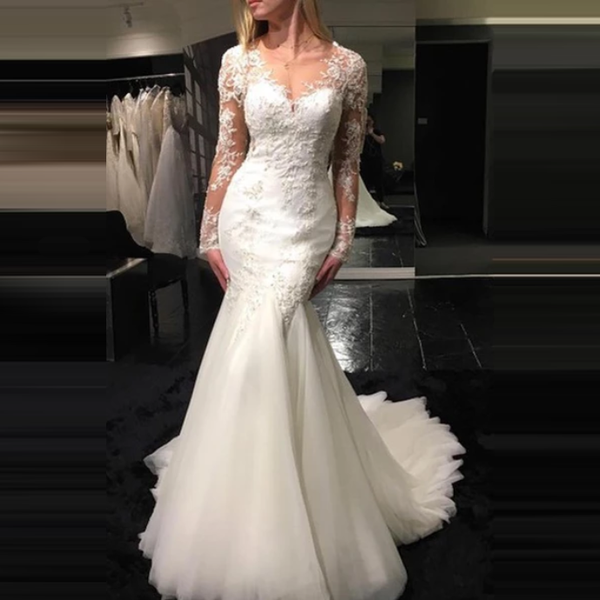 

party dresses mermaid classy bride white lace appliques sheer long sleeves floor length illusion back bridal pageant gowns, White;black