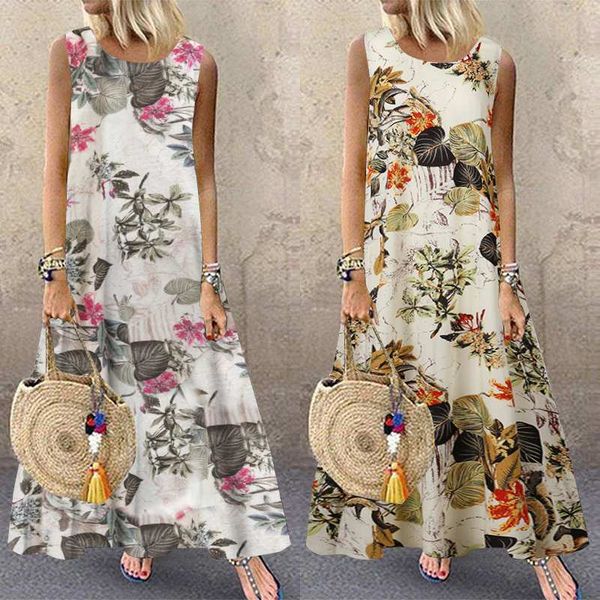

2021zanzea summer dress women bohemian sleeveless floral printed sundress robe vintage kaftan beach vestido femme sarafans plus size, Black;gray