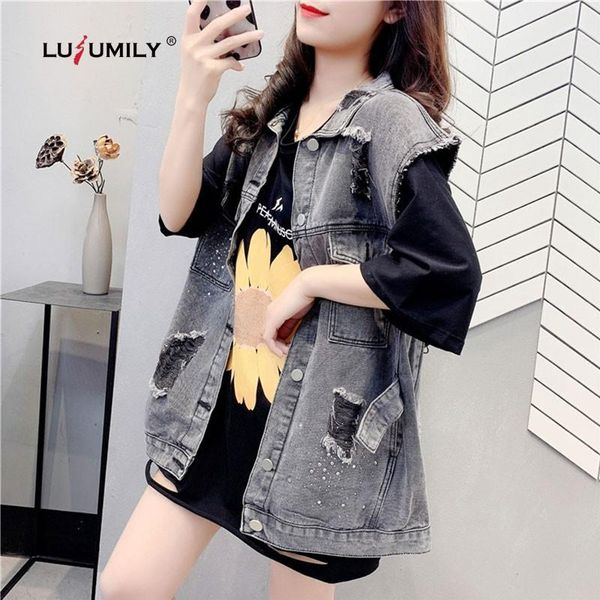 

women's vests lusumily denim waistcoat vest women fashion loose student sleeveless cowboy outwear coat female jeans jacket, Black;white