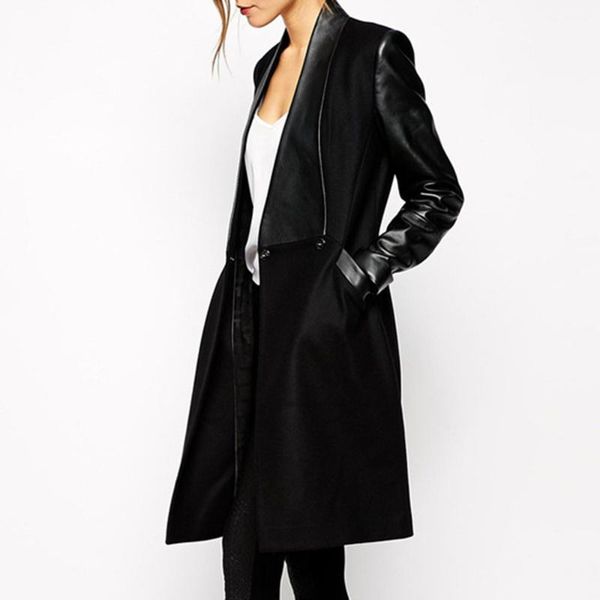 

women's wool & blends 2021 autumn winter fashion women pu long jacket solid black sleeve slim patchwork double-sided mid-length coat