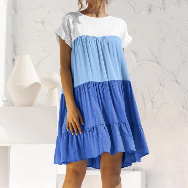 

casual dresses women's vintage bohemian dress color patchwork matching o-neck loose all-match ruffles short sleeve vestidos mujer, Black;gray