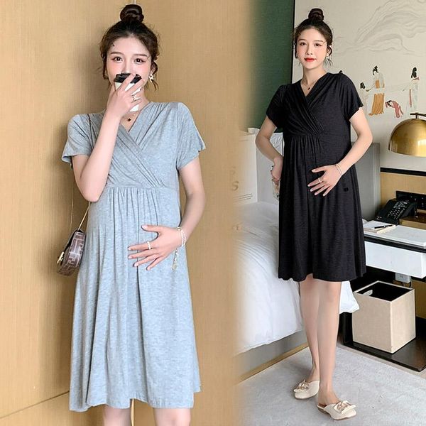 

maternity dresses 1016# summer thin modal dress v neck a line slim soft clothes for pregnant women pregnancy, White