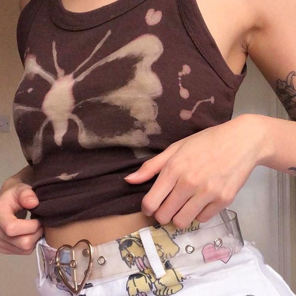 

women's t-shirt biggorange fashion summer vests y2k aesthetics butterfly print o-neck sleeveless crop 90s brown indie t shirt, White