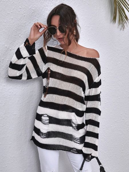 

ripped detail two tone striped sweater l8oj#, White