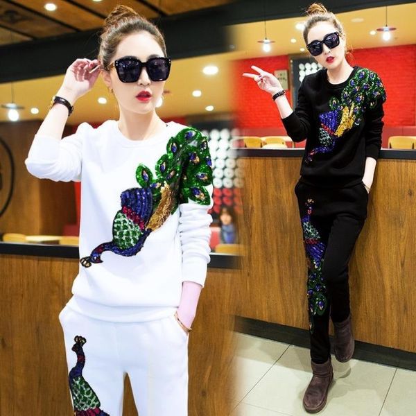 

two piece dress 2021 spring women's casual suits female peacock phoenix sequins tracksuits clothes woman 2 set plus size, White