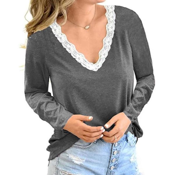 

lace thin v neck long sleeve temperament elegant daily basis female lady t-shirt wholesale 2021 women's, White