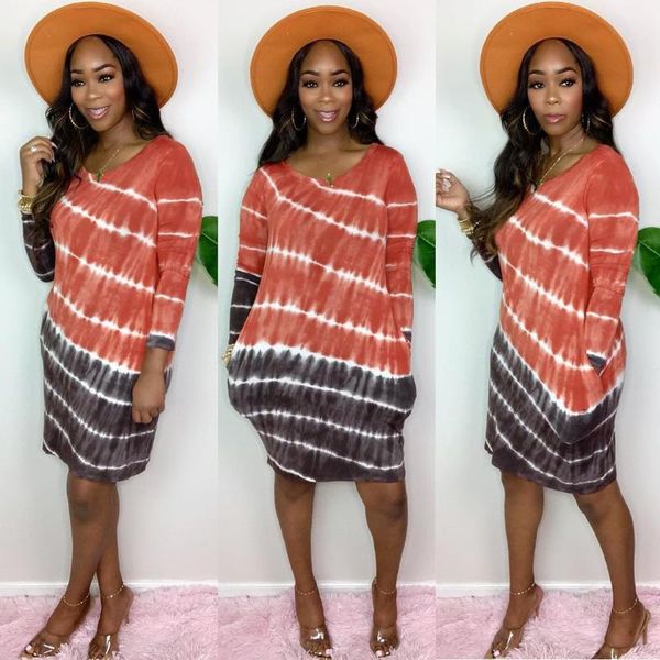 

casual dresses the latest women's wear tie dye positioning printing loose stripe long sleeve dress in autumn and winter 2021, Black;gray