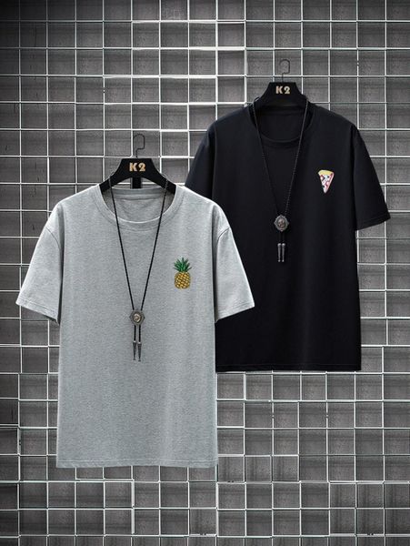 

men 2pcs pineapple and pizza print tee without necklace m93r#, White;black