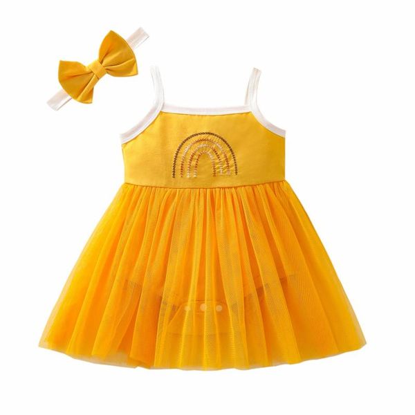 

girl's dresses 0-12  baby girls casual cotton suspender romper fresh rainbow embroidery mesh yarn hem jumpsuits and headband sweet sof, Red;yellow