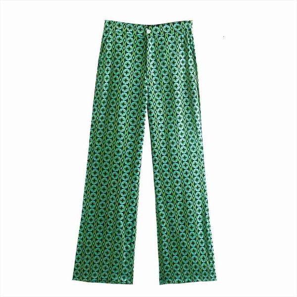

fashion green print women pants wide leg loose casual trousers high waist button up elegant office casual chic streetwear, Black;white