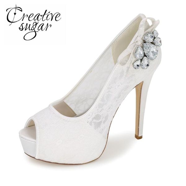 

creativesugar woman open toe platform high heels see through lace evening dress shoes crystals bridal wedding prom pumps 6 color, Black