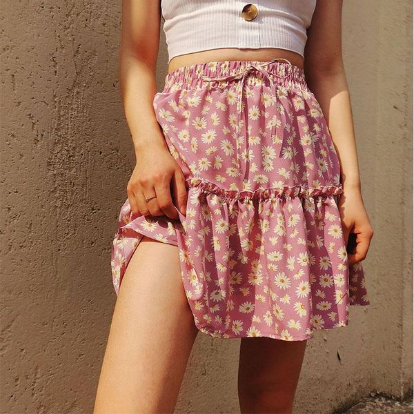 

skirts summer women daisy print flared short drawstring fashion pleated mini a line high waist slim casual streetwear skirt, Black