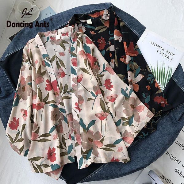 

women's knits & tees women harajuku cardigan japanese kimono summer floral loose blouse thin transparent sunscreen coat yukata clothes, White