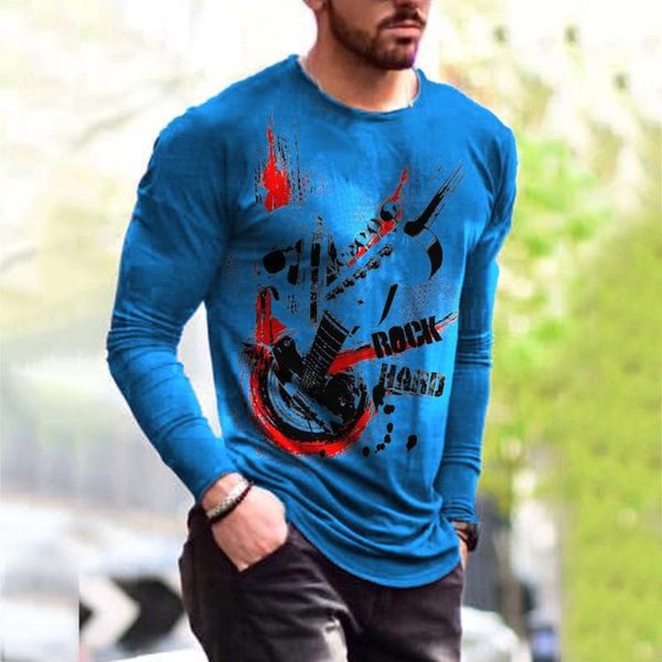 

men's t-shirts vintage guitar printed round neck long-sleeved t-shirt spring autumn personality style streetwear 2021, White;black