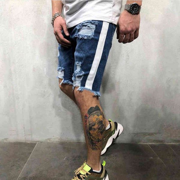 

men's jeans mens ny short rip slim fit stretch denim distress frayed biker scratchted knee length pants pif7, Blue