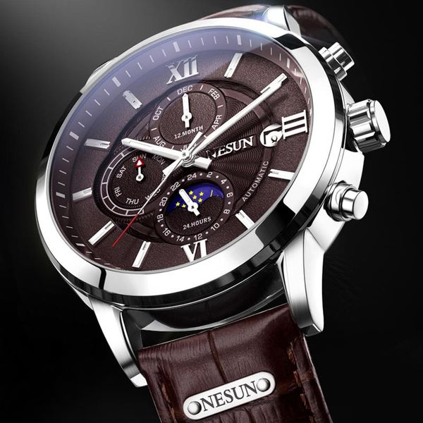 

wristwatches nesun fashion men's military watch leather strap business moon phase automatic mechanical watches, Slivery;brown