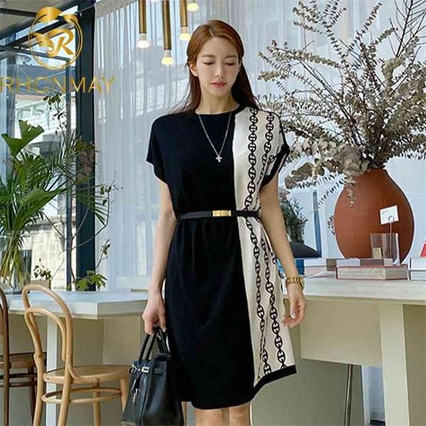 

summer dresses women casual short sleeve o-neck loose dress female vestido plus size print with belt 210520, Black;gray