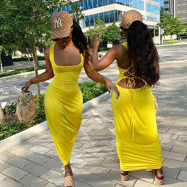 

casual maxi dresses for women summer 2021 solid back criss cross backless yellow beach bodycon long dress women party dress, Black;white