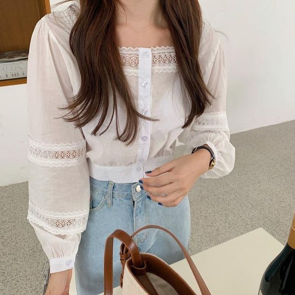 

french style square neck shirt women lace hem puff sleeve lovely blouse chemise femme blusa mujer women's blouses & shirts, White