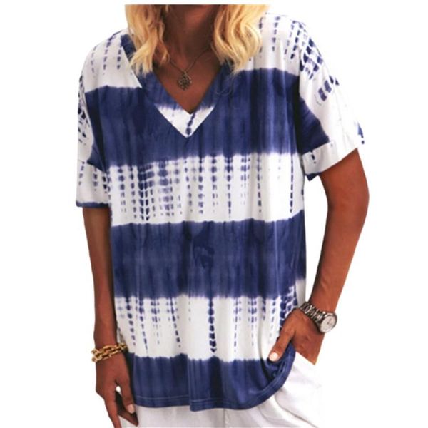 

women's t-shirt tie dye print oversize women short sleeve summer v-neck casual loose female plus size street clothing pullover tee, White