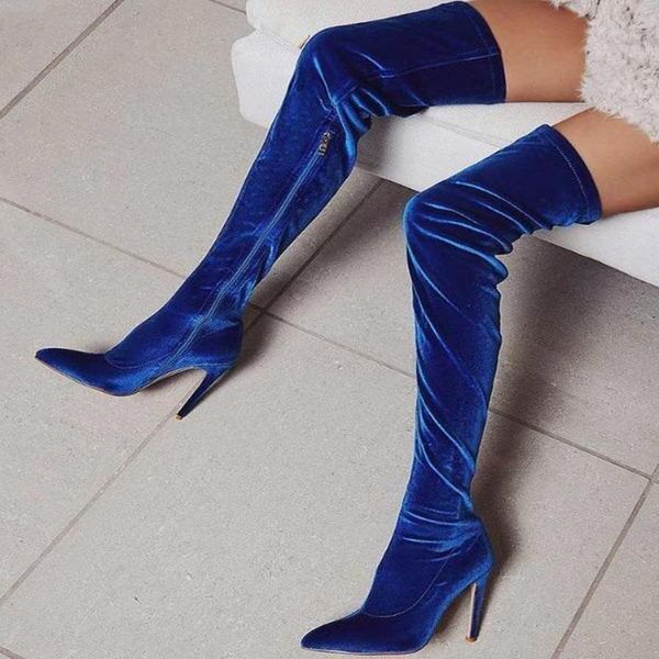

boots 2021 women pointed toe over the knee woman zipper thin high heels ladies flock thigh female fashion shoes, Black