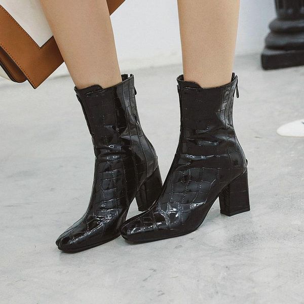 

boots fashion square toe ankle women stone print high heel zipper autumn shoes winter plush warm female, Black
