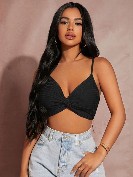 

sxy rib-knit twist front crop cami 89rj#, White