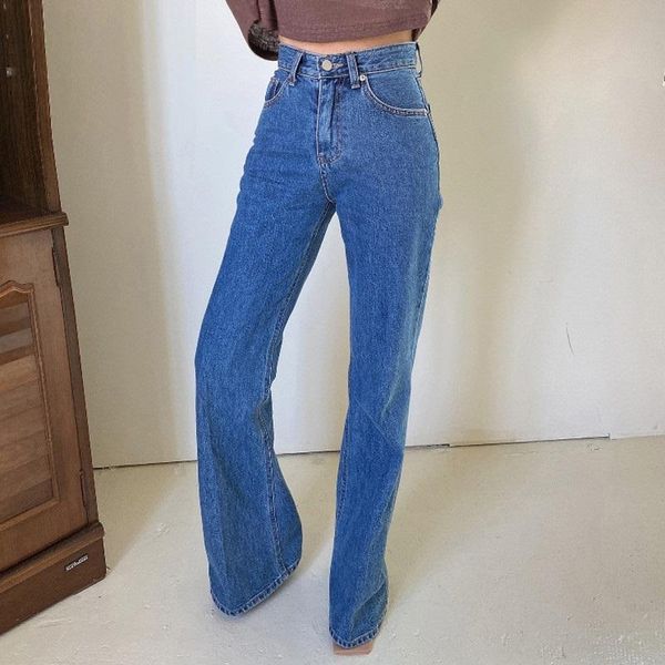 

women's jeans 2021 autumn casual loose straight women high waist vintage pockets long pants female floor-length wide leg denim trousers, Blue