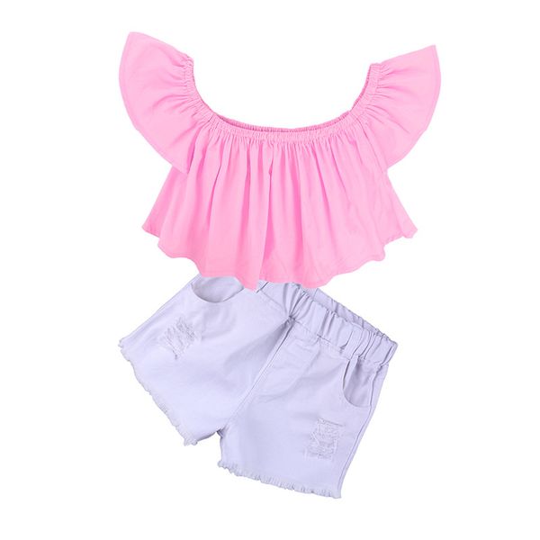

fashion kids clothes one shoulder upper outer garment hole children shorts headwear baby clothing sets summer 29sk k2, White