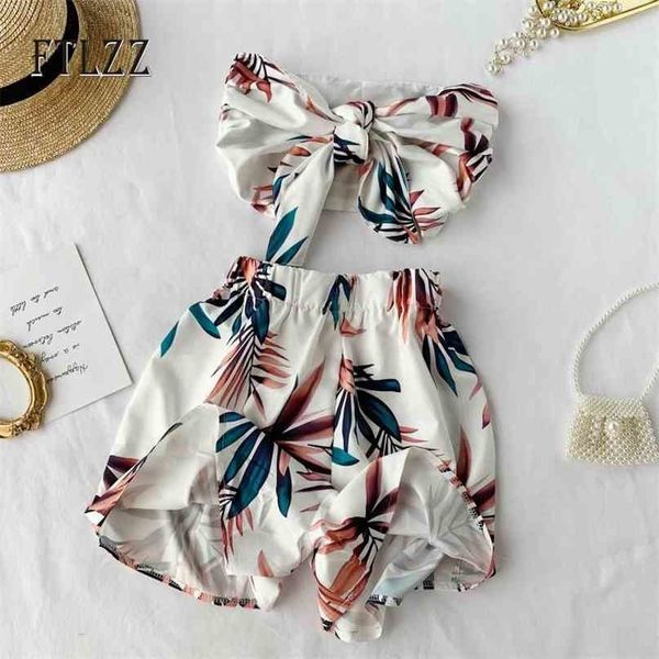 

women two piece sets summer leaf print bra bow crop + elastic waist wide leg shorts suit fashion ladies outfit 210525, White