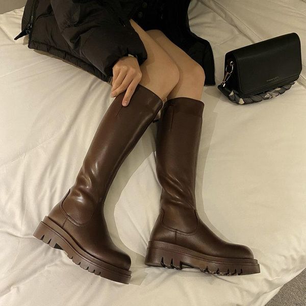 

boots genuine leather knee high concise female round toe heels shoes party wool fur woman, Black