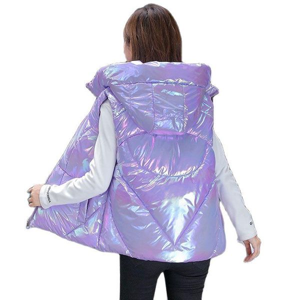 

women's vests glossy down cotton for women hooded jackets winter waistcoat student korean loose short parkas vest, Black;white