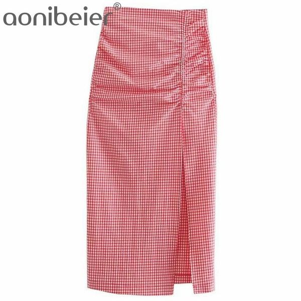 Ruched detalhe split lateral mulheres xadrez lápis maxi saia verão moda zipper volta cintura alta ankle comprimento 210604