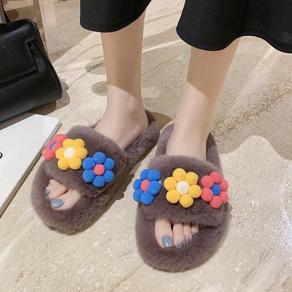

cute flowers fuzzy slippers women korean stylish furry slides for house winter zapatillas casa 2021, Black