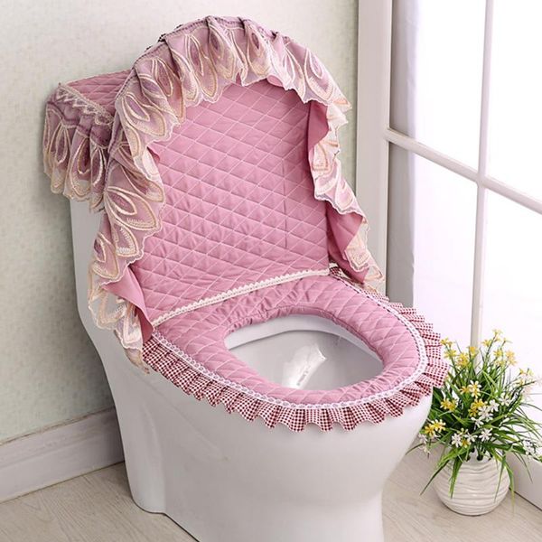 

toilet seat covers 3pcs winter u shaped home decoration fabric bathroom mat dustproof floral lace warm cover set soft protect