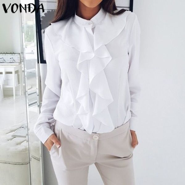 

blouses fashion 2021 vonda women solid ruffle and blouses female long sleeve casual blusas plus size womens tunic s-5xl, White