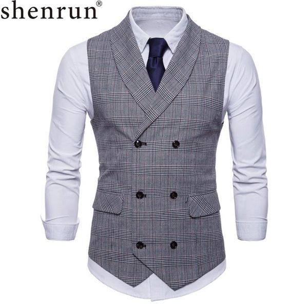 

men's vests shenrun men autumn winter check waistcoats formal casual slim vest shawl lapel single breasted light gray coffee dark grey, Black;white