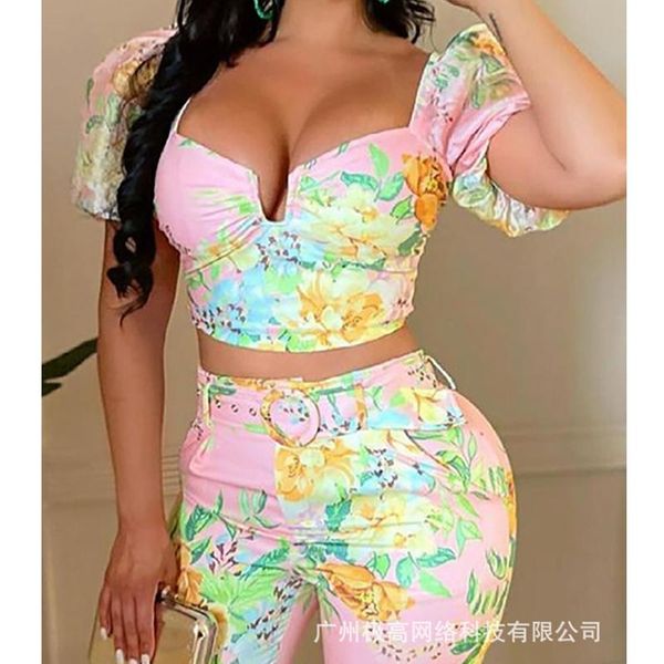 

women's two piece pants wepbel high waist sets camis set women pink floral print casual short summer 2 outfits, White