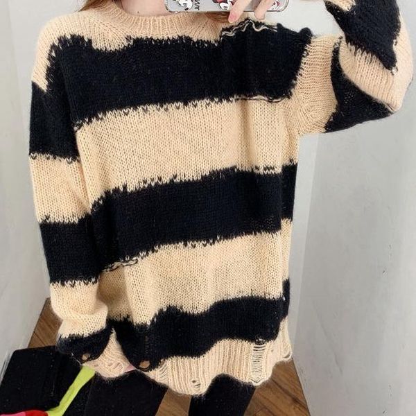 

fall/winter long-sleeved round neck ripped knit sweater loose retro color matching wide striped women's sweaters, White;black