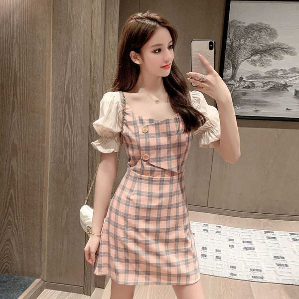 

summer 2021 style korean plaid short sleeve skirt stitching a-line slim drs, Black;gray