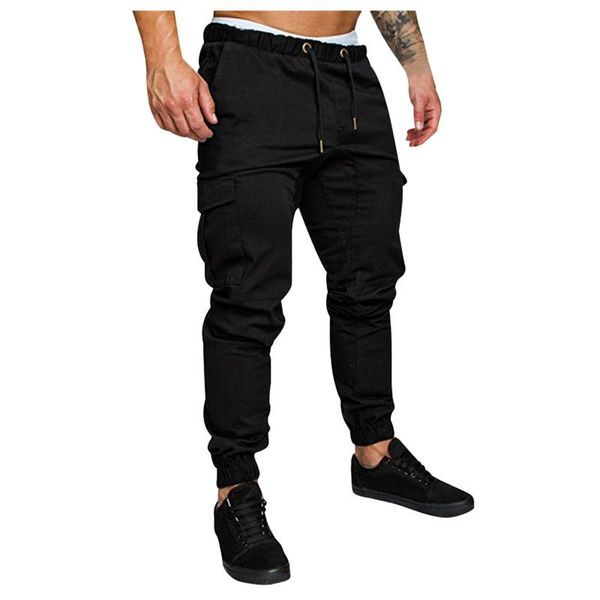 

men's pants men casual cotton cargo hiking trekking tactical sweatpant solid color tooling multi-pocket leggings trousers, Black