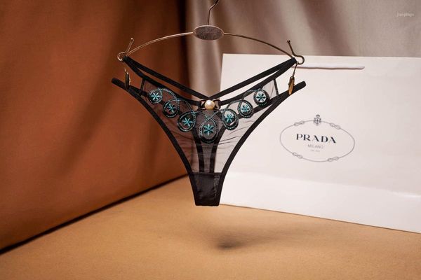 

thong mesh embroidery transparent temptation cross waist low t pants exquisite bead decoration g-string women underwear women's panties, Black;pink