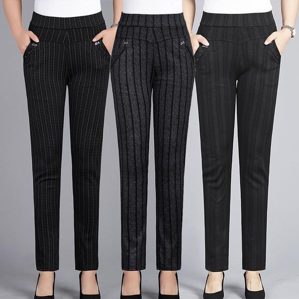 

spring autumn middle aged womens pant elastic waist casual straight trousers plus size 5xl lady stripe pencil w1833, Black;white