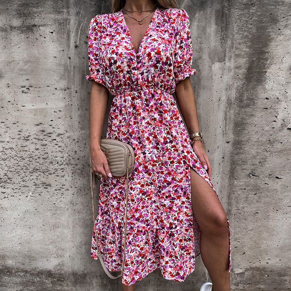 

women floral print v neck side slit party dress spring summer short sleeve elegant ladies elastic waist slim dress vestidos x0521, Black;gray