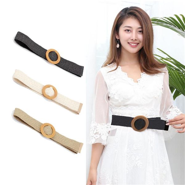 

belts women bohemian elastic braided belt fashion female summer dress jeans wide black pp straw designer wood buckle boho, Black;brown