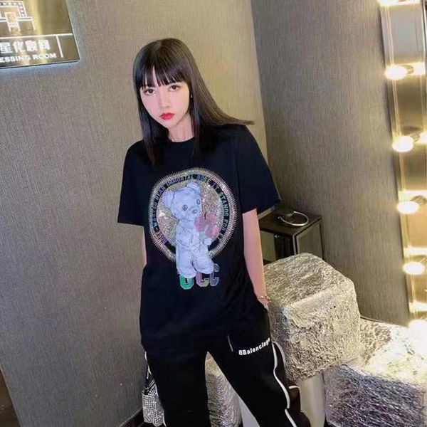 

21ss spring summer season new fashion loose diamond crystal bear short sleeve t-shirt for men and women, White