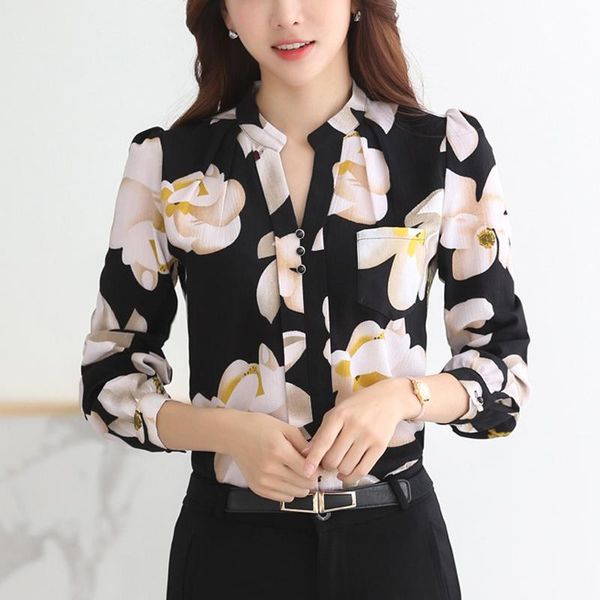 

women long sleeve flower print elegant chiffon blouse shirt office ladies plus size s//l/xl/xxl/3xl women's blouses & shirts, White