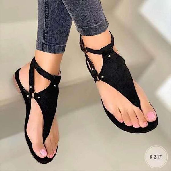 

sandals summer large size casual flat slippers beach shoes buckle ladies fashion all-match personality1, Black
